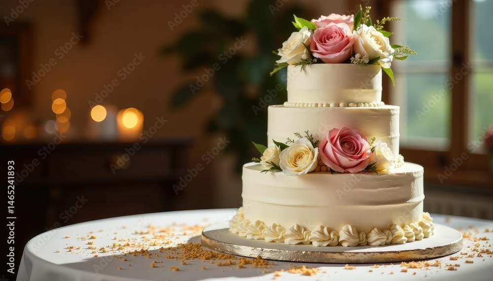 Fototapeta premium Elegant wedding cake adorned with fresh flowers, sitting on a table with gold accents , frosting, decoration, lilies