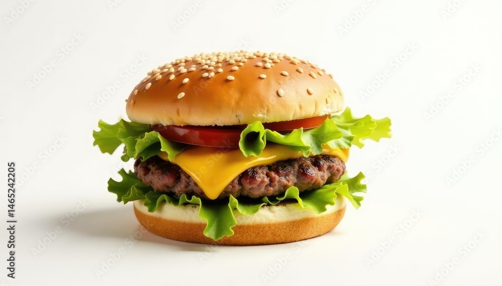 Isolated burger on white backdrop; sesame seeds visible , unhealthy, meal, lunch Isolated burger on white backdrop; sesame seeds visible , unhealthy, meal, lunch