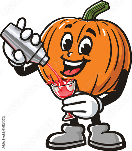Cartoon pumpkin character making cocktail