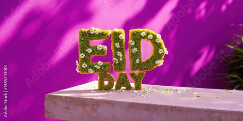 Eid Day spelled out in moss and flowers against a vibrant purple background.