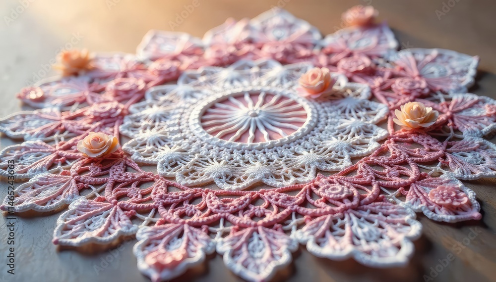 Obraz premium Intricate floral lace doily, delicate threads , light, shadow