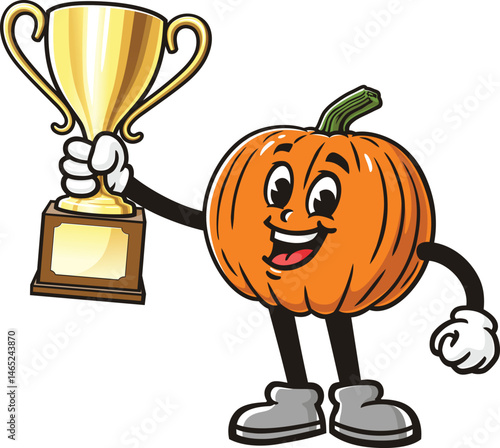 Cartoon pumpkin character holding a trophy