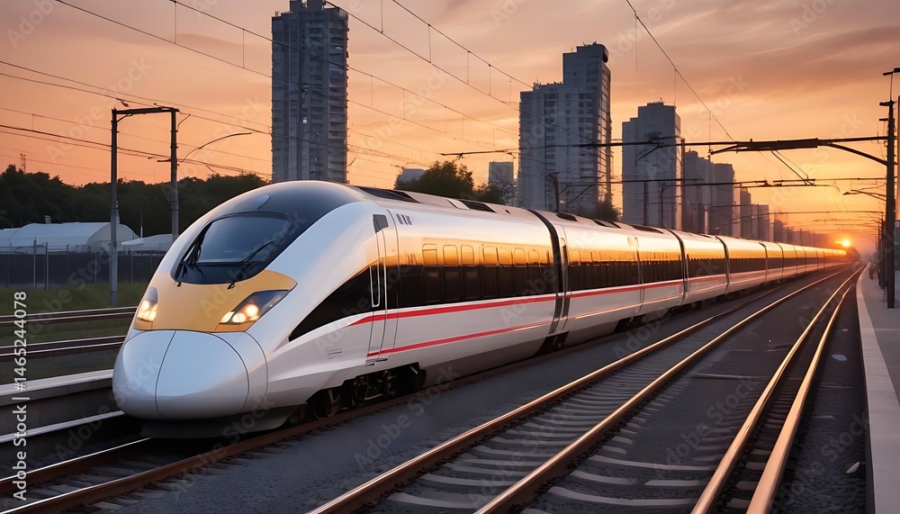 Fototapeta premium High-speed train travels along modern track at sunset in urban environment, created with generative ai