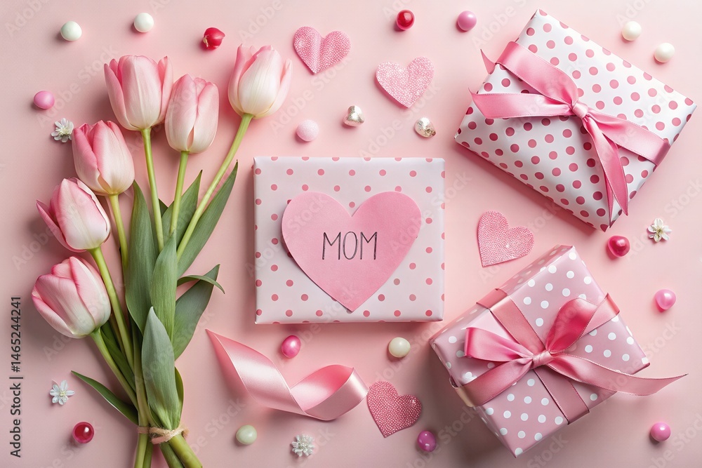 Pink Mother's Day Flat Lay Tulips, Gifts & Hearts Pink Mother's Day Flat Lay Tulips, Gifts & Hearts