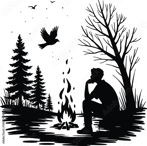 Minimalist black and white silhouette of a person sitting by a campfire under a night sky in nature