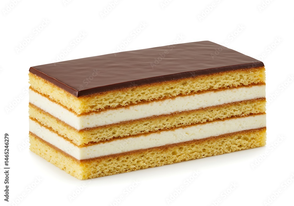 Close up of a rectangular layered cake with chocolate topping on a white background surface Close up of a rectangular layered cake with chocolate topping on a white background surface