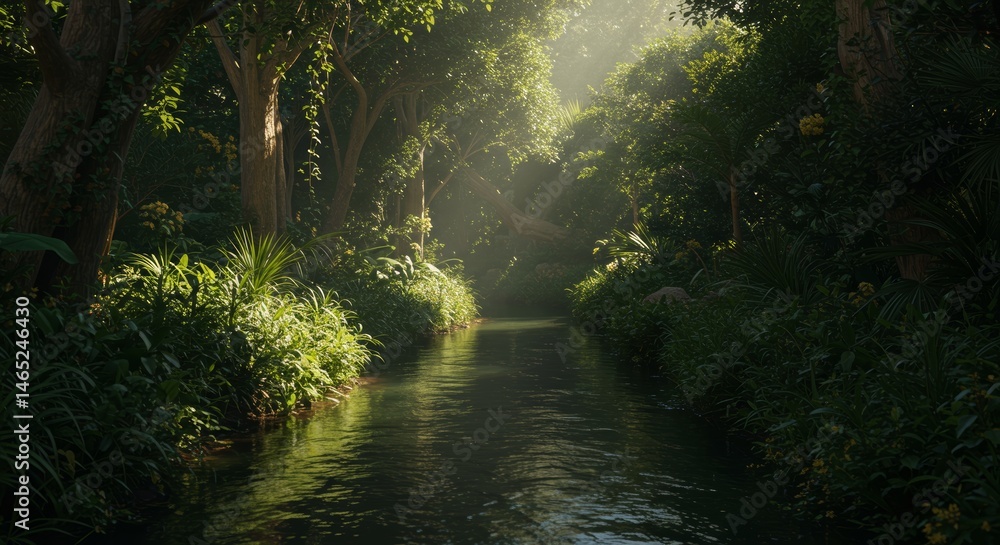 Obraz premium Serene River Flowing Through Lush Green Forest with Sun Rays