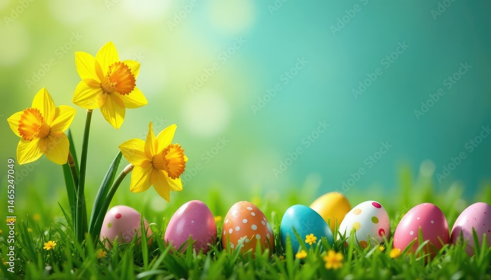 Yellow daffodils scattered amongst colorful Easter eggs hidden in spring grass , pastel, Easter, eggs Yellow daffodils scattered amongst colorful Easter eggs hidden in spring grass , pastel, Easter, eggs