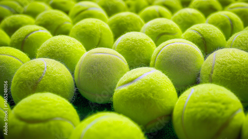 A vibrant collection of fluorescent yellow tennis balls arranged closely, creating a textured, sporty background.