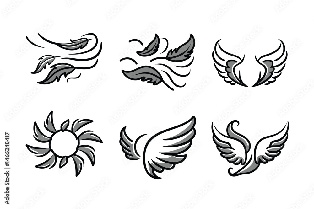 diverse and attractive artistic angles views of Energetic wings tattoo vector line and silhouette arts diverse and attractive artistic angles views of Energetic wings tattoo vector line and silhouette arts
