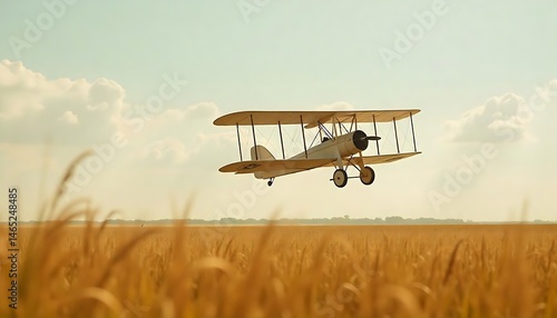 An empty scene featuring blank mockup template filled with the Wright Flyer depicted mid-flight over an empty field with tall grass swaying, created with generative ai