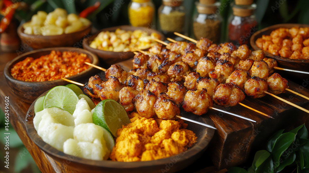 Obraz premium spices skewers flatbread rustic table outdoor cooking