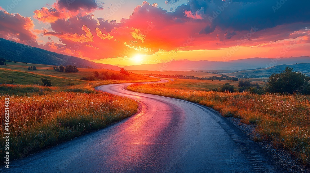 Winding road through vibrant sunset landscape. Winding road through vibrant sunset landscape.