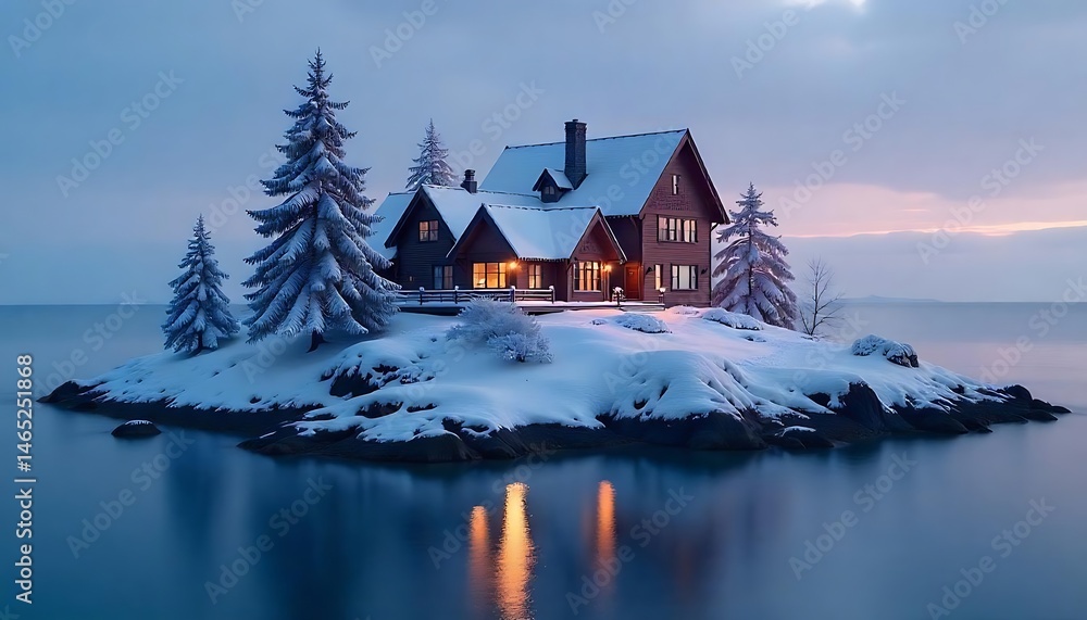 Fototapeta premium A cottage on an island in winter, Quaint snowy house at night decorated for Christmas. Fresh snow on the ground, created with generative ai