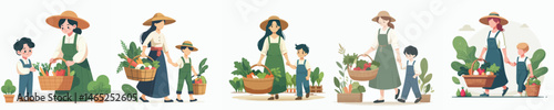 female farmer and her child carrying harvest basket style vector flat design