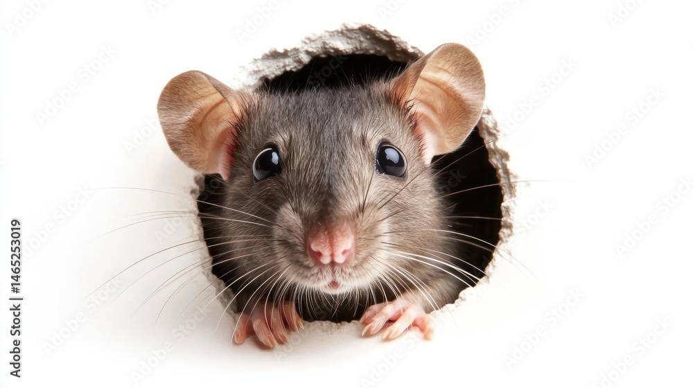 A rat peeking out of a small hole, looking curious and adventurous, on a white background A rat peeking out of a small hole, looking curious and adventurous, on a white background