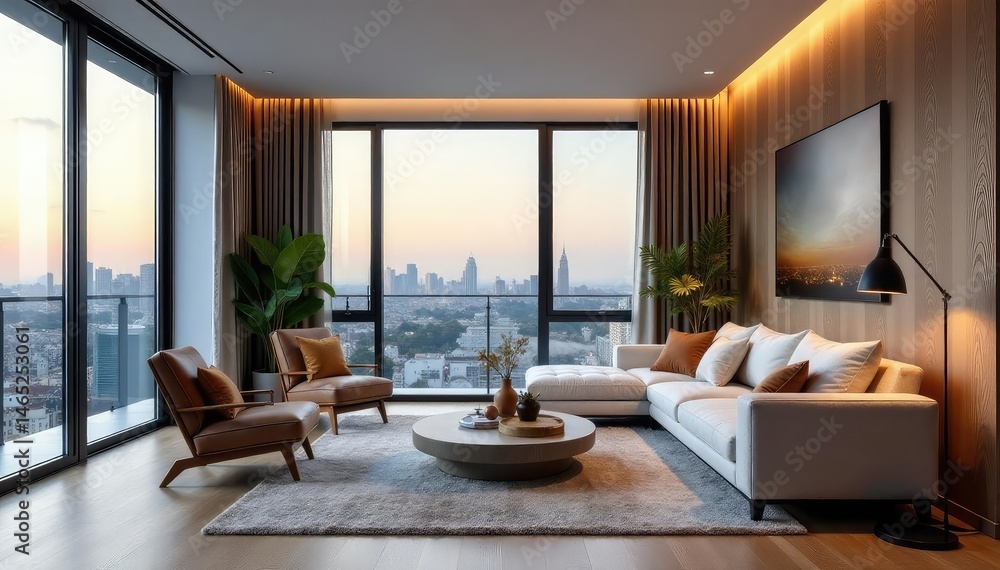 Fototapeta premium Modern condo living room with stylish furniture and city view from large window , furniture, organized, city