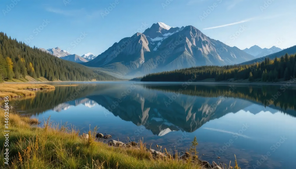 Fototapeta premium Majestic Mountain Lake Reflection: A Serene Autumn Landscape