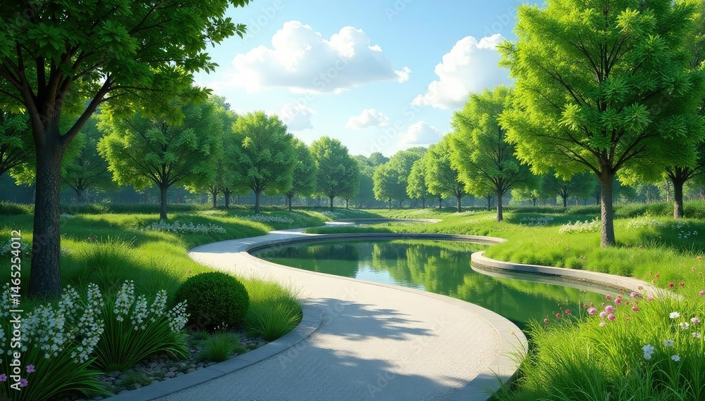 Obraz premium Serene park landscape design featuring curving pathways, lush greenery, and a tranquil pond , foliage, tranquil, scenic