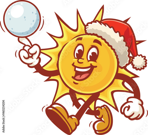Cartoon sun character playing snowballs and wearing a christmas hat