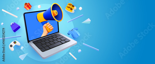 3d hand holding megaphone speaker in laptop computer for discount announce. Sale mockup with fashion elements.