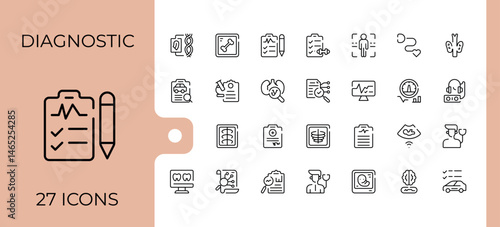 Diagnostic related icon. It contains symbols to care, medicine, health, laboratory, diagnosis. Minimal linear icons. Clinic icon set. Pixel perfect. Editable vector.