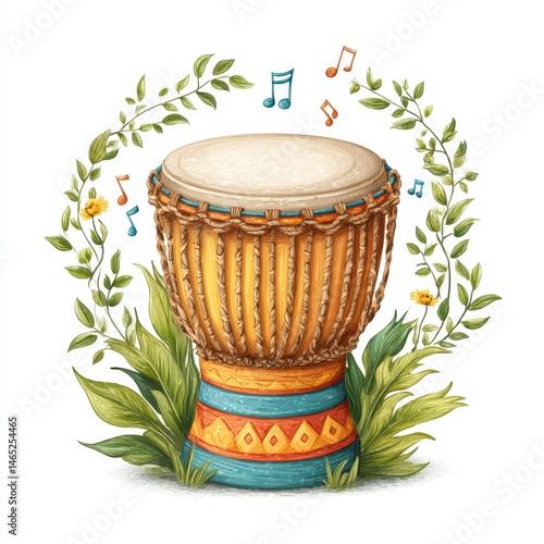 Djembe Drum Surrounded by Green Leaves and Musical Notes Digital Illustration
