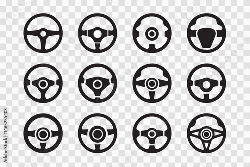 Steering Wheel Collection: A diverse set of sleek, circular steering wheels arranged in a grid, highlighting the essential design of control and direction in various vehicle types. 