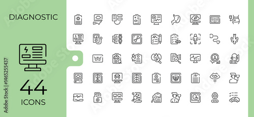 Diagnostic related icon. It contains symbols to care, medicine, health, laboratory, diagnosis. Minimal linear icons. Clinic icon set. Pixel perfect. Editable vector.