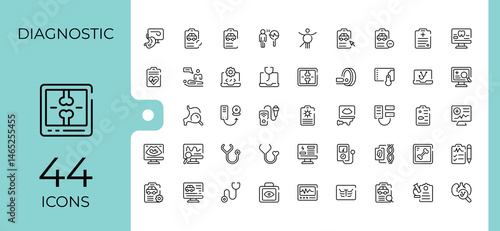 Diagnostic related icon. It contains symbols to care, medicine, health, laboratory, diagnosis. Minimal linear icons. Clinic icon set. Pixel perfect. Editable vector.