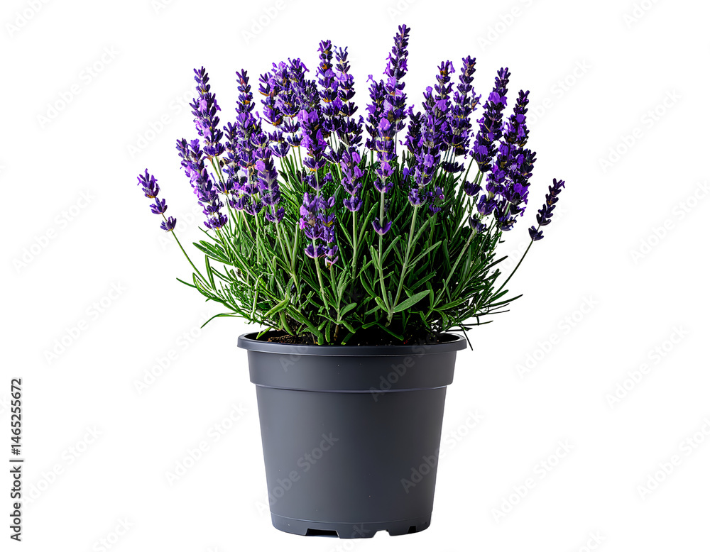 Fototapeta premium A potted lavender plant with a dark gray plastic pot, transparent background PNG