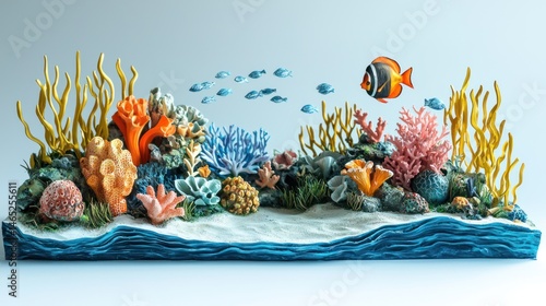 A realistic under-the-sea diorama with small decorative elements on a white background