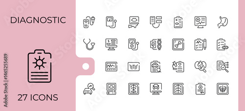 Diagnostic related icon. It contains symbols to care, medicine, health, laboratory, diagnosis. Minimal linear icons. Clinic icon set. Pixel perfect. Editable vector.