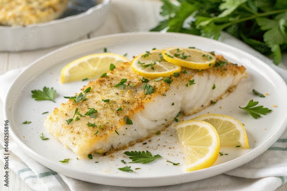 Baked Haddock Filet Garnished With Lemon and Parsley Generative AI Baked Haddock Filet Garnished With Lemon and Parsley Generative AI
