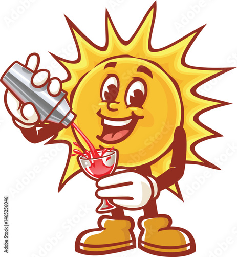 Cartoon Sun character making cocktail