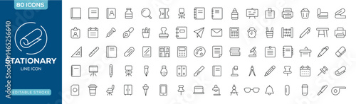 Stationery office supply minimal thin line web icon set. Contains thin Icons as pencil, divider, staple and marker. Outline icons collection. Editable Stroke.
