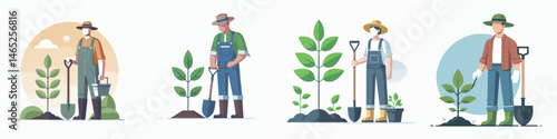 farmer holding shovel and standing next to plant style vector flat design