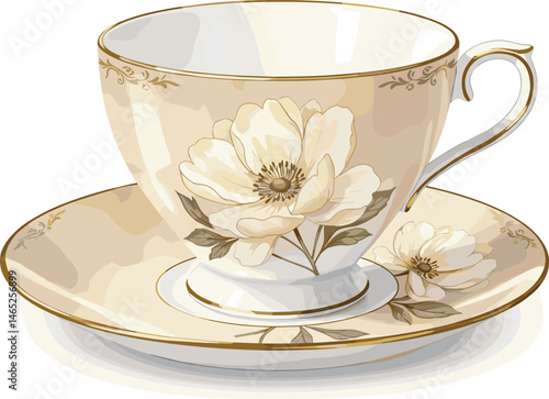 Elegant white ceramic cup and saucer, watercolor cup of tea