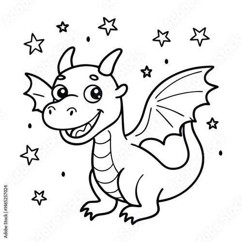 a friendly dragon with tiny wings and a big goofy line art vector illustration