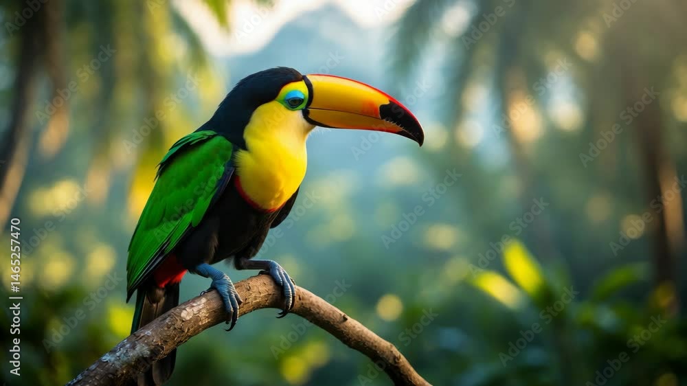 Toucan, a green bird sitting on a branch. Green toucan in its natural environment, mountains in a wildlife scene. Toucan, a green bird sitting on a branch. Green toucan in its natural environment, mountains in a wildlife scene.