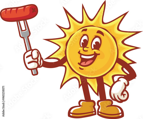 Cartoon character sun holding sausage