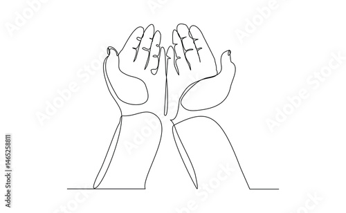 Continuous line sketch drawing of palm hand of islamic praying for ramadan and ied mubarak. Editable stroke vector illustration.