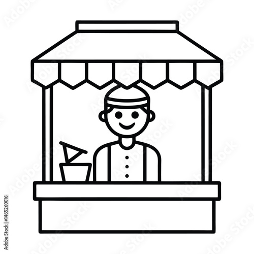 A ticket booth with a friendly worker line art vector illustration
