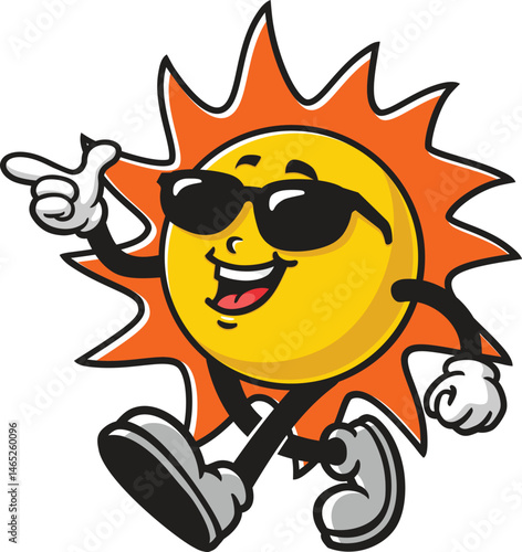 Retro style sun character cartoon is walking and wearing sunglasses