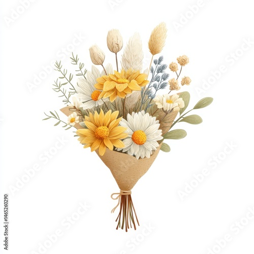 Dried Flower Bouquet Warm Yellow and White Blooms in Kraft Paper