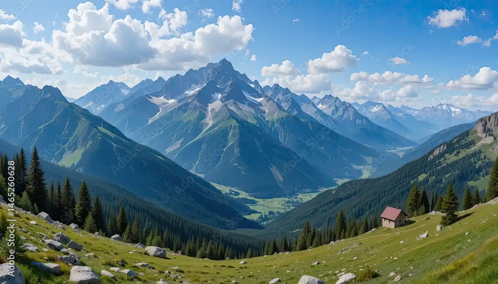 Fototapeta premium Majestic Mountain Panorama: Serene Alpine Valley with Secluded Cabin
