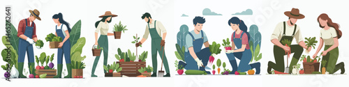 male and female farmers working together in the garden vector flat design style
