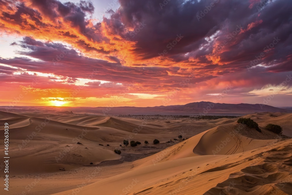 Naklejka premium Dramatic Sunset Over Rolling Sand Dunes in Stunning Detail Generative AI