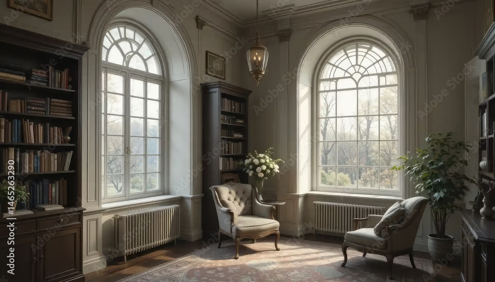 Serene Library with Arch Windows and Sunlit Room Serene Library with Arch Windows and Sunlit Room