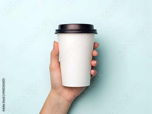 Hand Holding Takeaway Coffee Cup on Pastel Blue Background